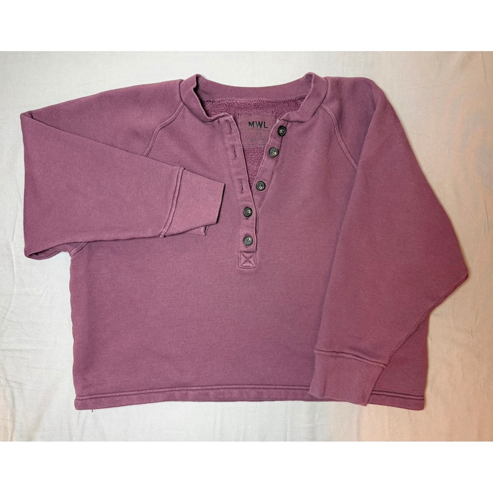 Madewell MWL Womens Purple Henley Raglan Fleece Sweatshirt Small Cropped